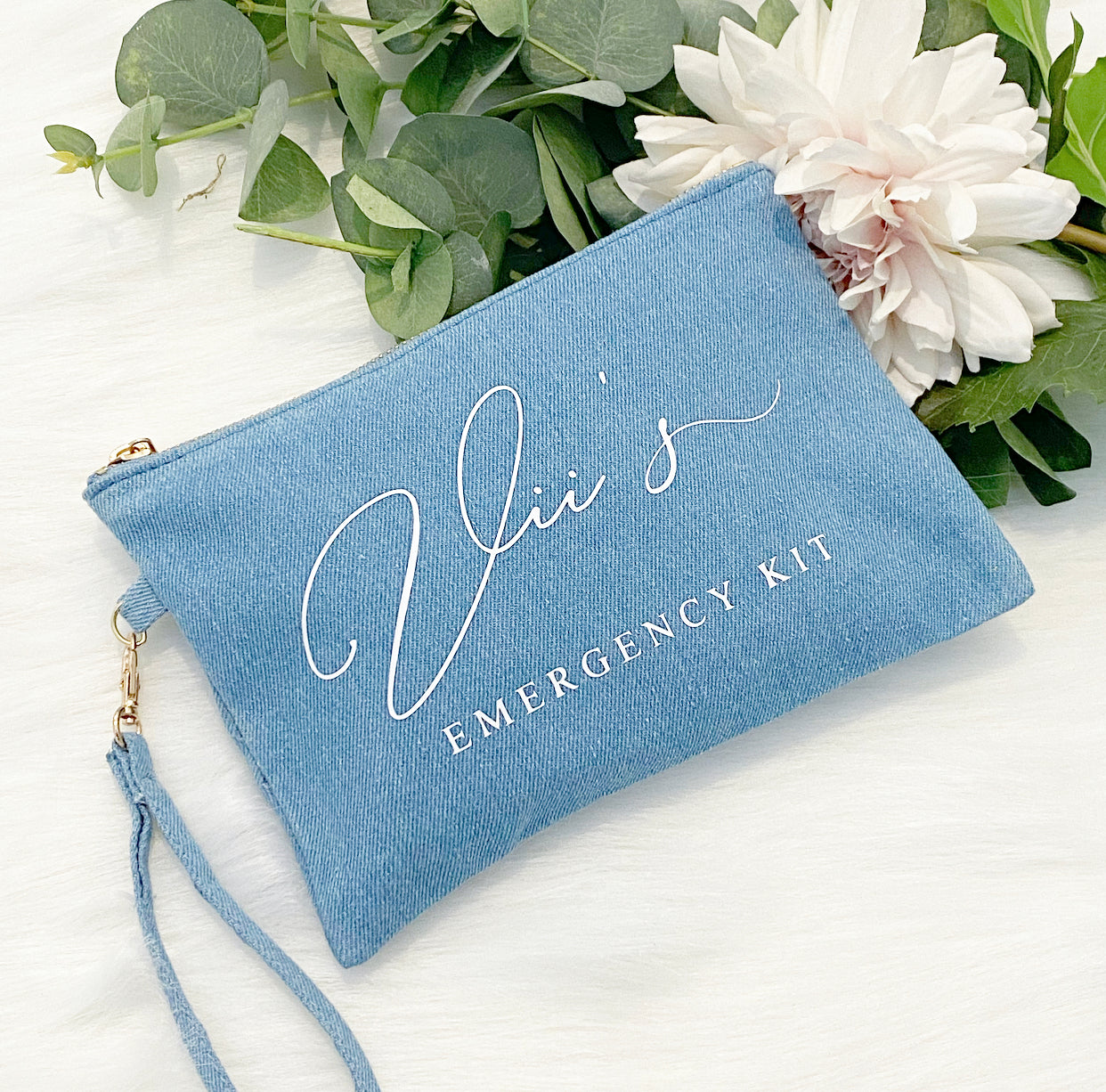Cosmetic Bag - Light Blue Denim w/ Wrist Strap