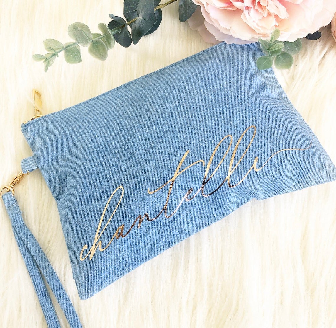 Cosmetic Bag - Light Blue Denim w/ Wrist Strap